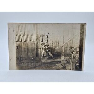 Antique RPPC Postcard Real Photo 2 Boys 4 Wheel Cart Toy  Early 1900s
